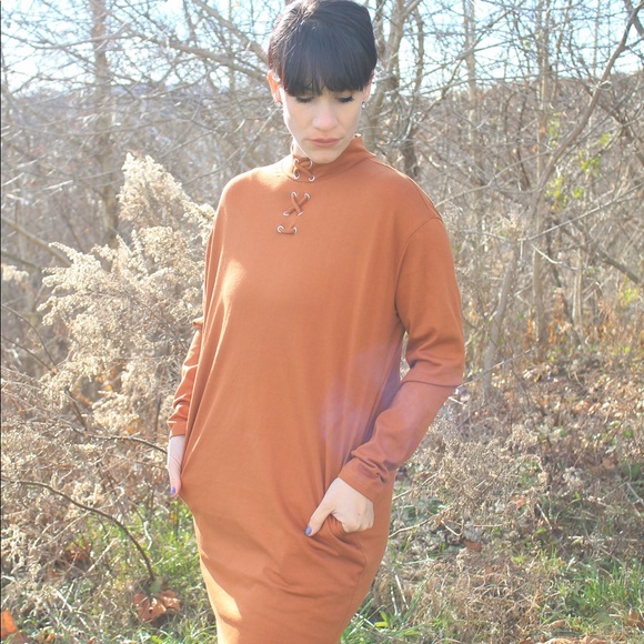 Very J Boutique Rust Shift Dress with Laced Neck - Picture 4 of 8